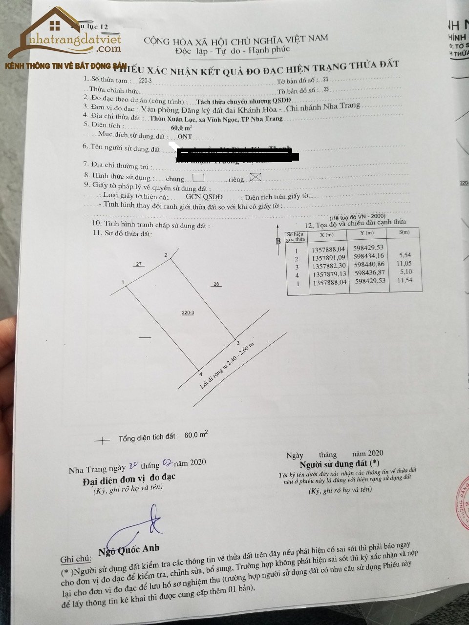 Bán lô đất 60m2 - 790tr Hẽm Xuân Lạc, Vĩnh Ngọc, Nha Trang cách đường chính 10m